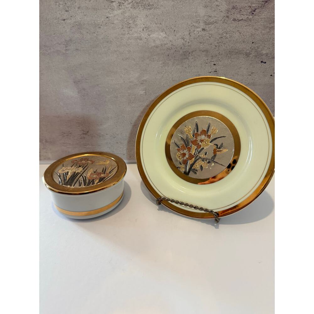 Vtg Art of Chokin 24K Gold Trimmed Porcelain Trinket Box & 6" Decorative Plate